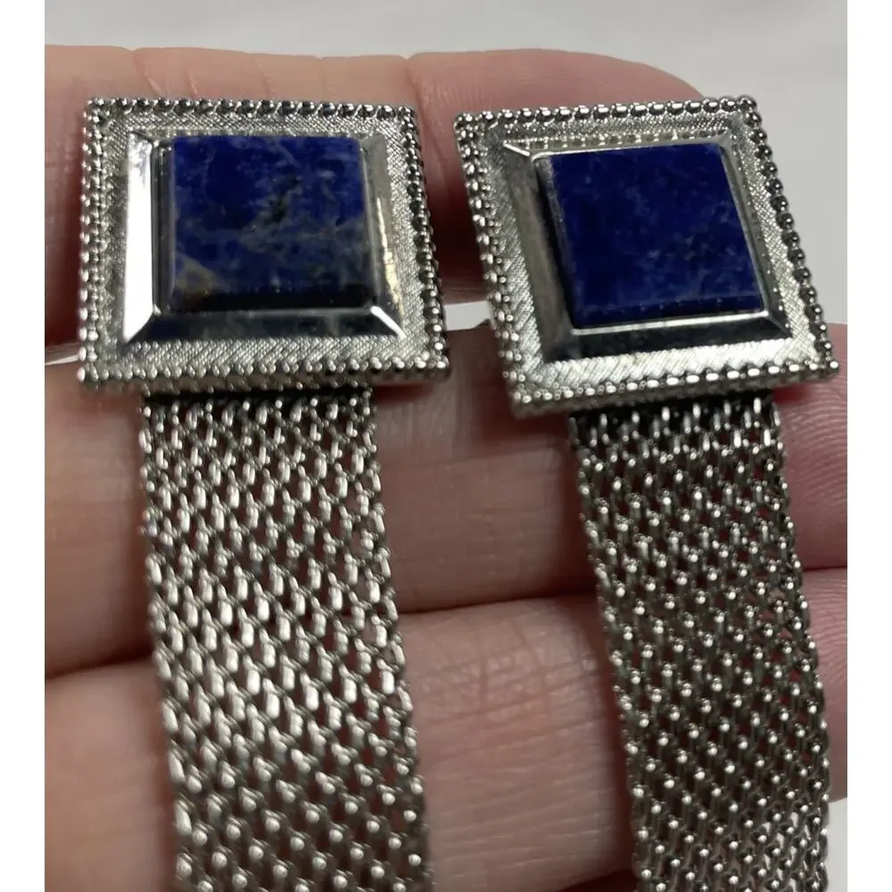 Vintage BLUE SODALITE Silver Wrap-Around Square Cufflinks, With Bonus Tie Bar!